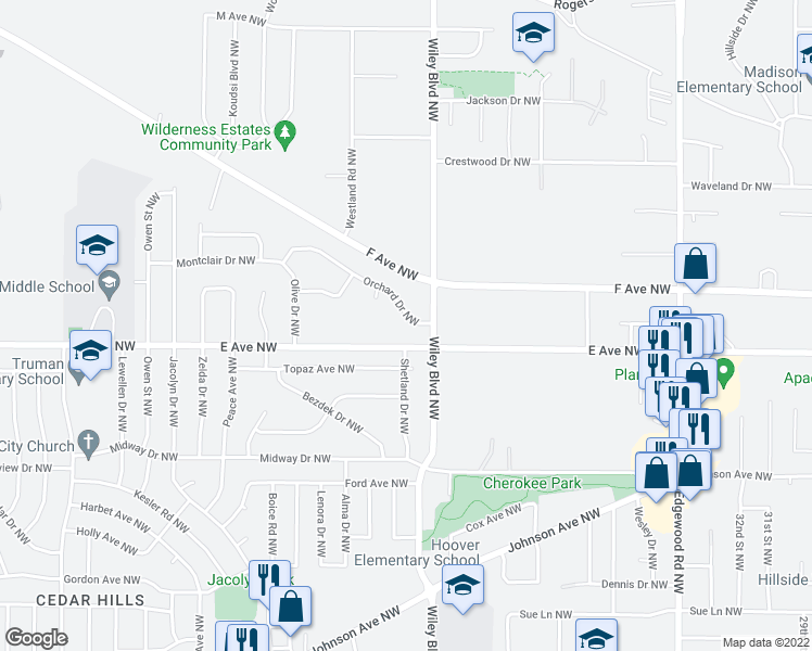map of restaurants, bars, coffee shops, grocery stores, and more near 4215 Orchard Drive Northwest in Cedar Rapids