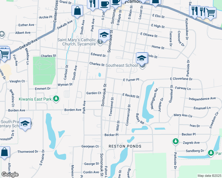 map of restaurants, bars, coffee shops, grocery stores, and more near 937 Townsend Street in Sycamore