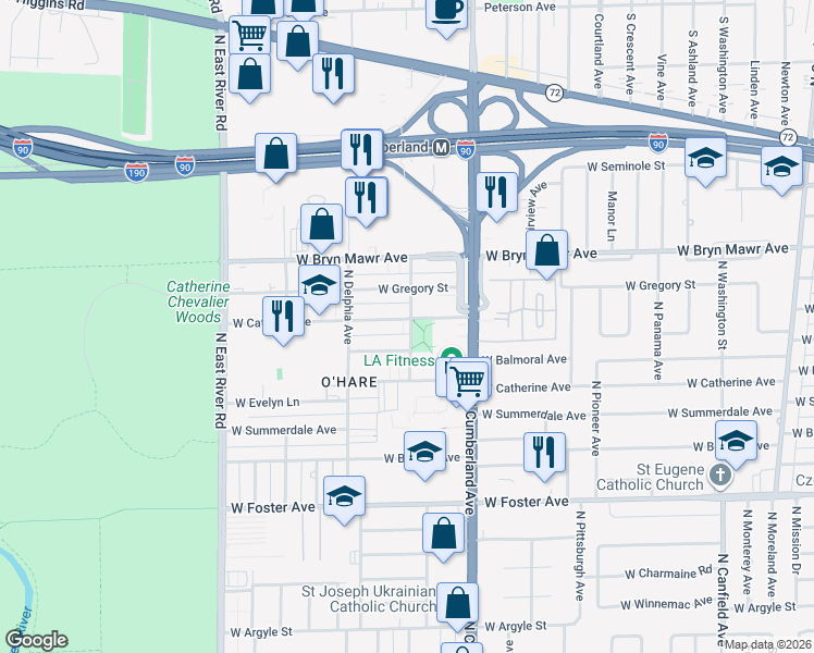 map of restaurants, bars, coffee shops, grocery stores, and more near 8501 West Catalpa Avenue in Chicago