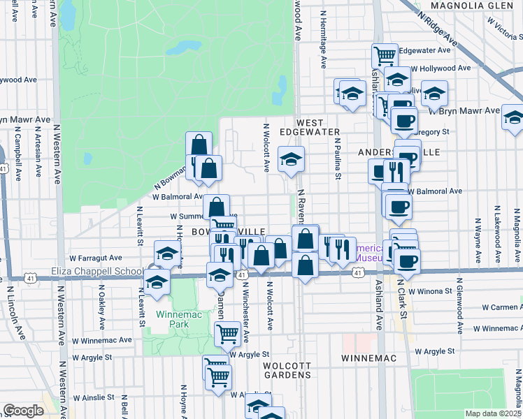 map of restaurants, bars, coffee shops, grocery stores, and more near 1906 West Summerdale Avenue in Chicago