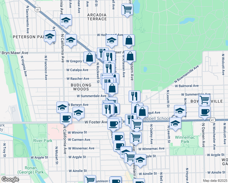 map of restaurants, bars, coffee shops, grocery stores, and more near 2463 West Balmoral Avenue in Chicago