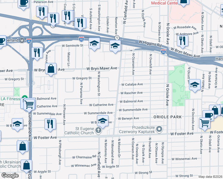map of restaurants, bars, coffee shops, grocery stores, and more near 5441 North Linden Avenue in Chicago