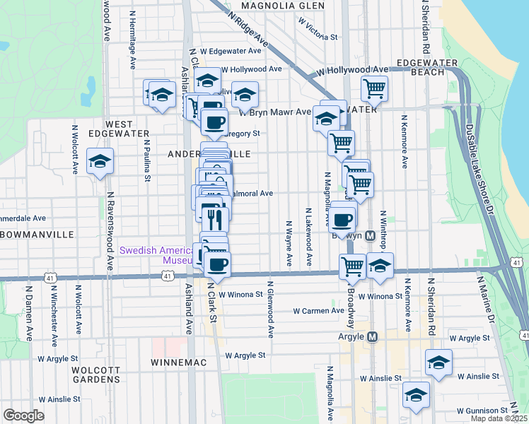 map of restaurants, bars, coffee shops, grocery stores, and more near 1400 West Summerdale Avenue in Chicago