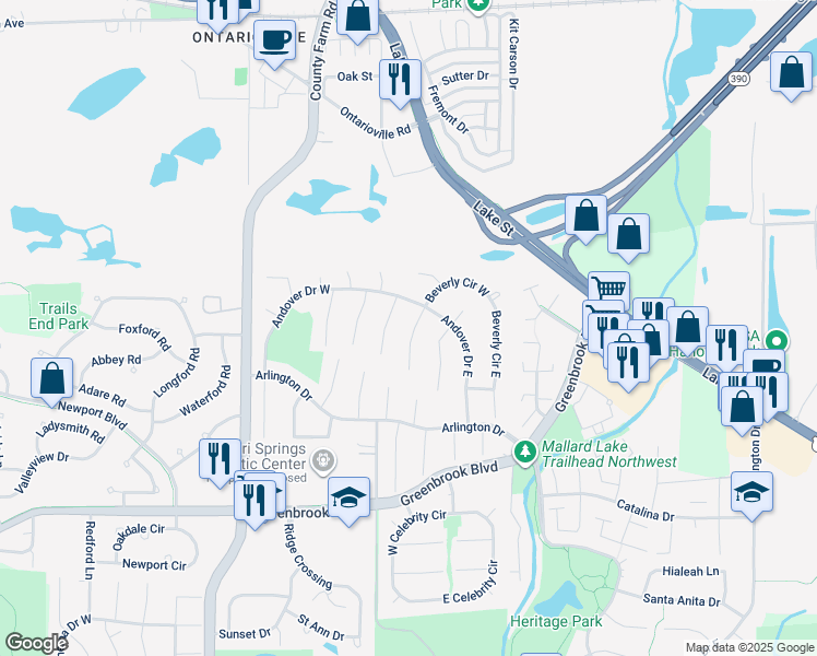 map of restaurants, bars, coffee shops, grocery stores, and more near in Hanover Park