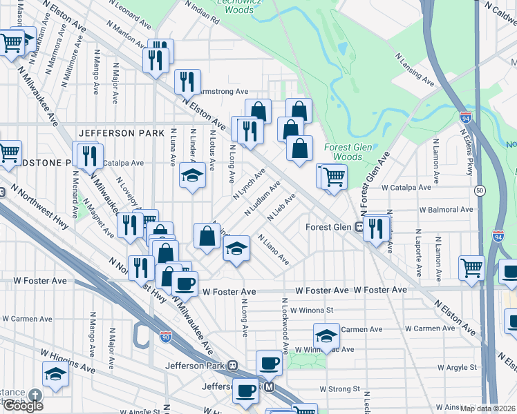 map of restaurants, bars, coffee shops, grocery stores, and more near 5421 North Larned Avenue in Chicago