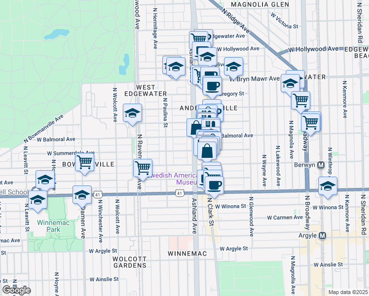 map of restaurants, bars, coffee shops, grocery stores, and more near 1620 West Summerdale Avenue in Chicago