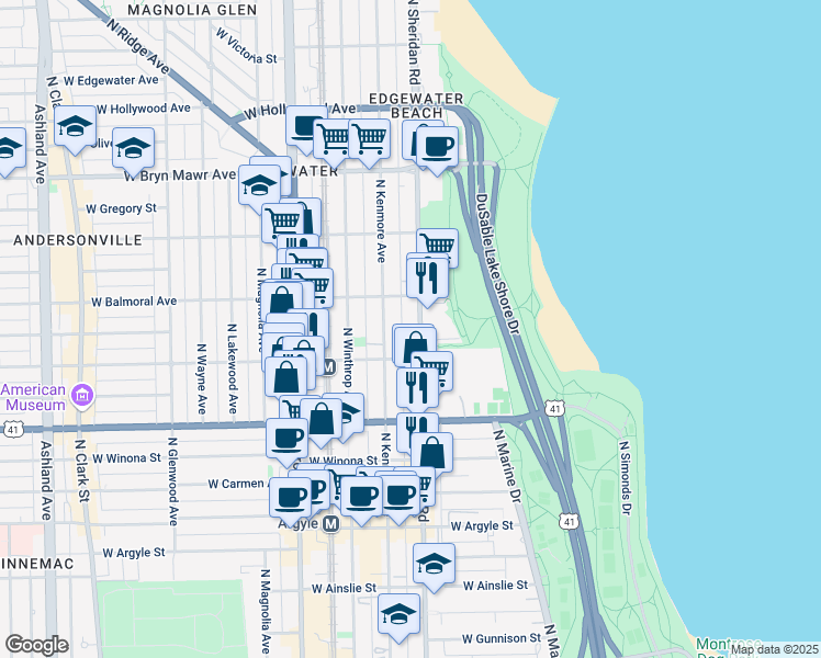 map of restaurants, bars, coffee shops, grocery stores, and more near 5320 North Sheridan Road in Chicago