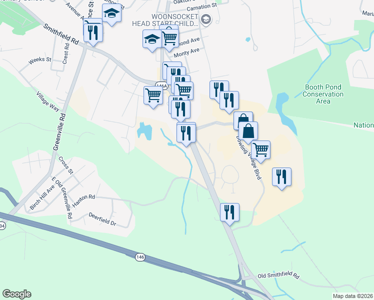map of restaurants, bars, coffee shops, grocery stores, and more near 175 Eddie Dowling Highway in North Smithfield