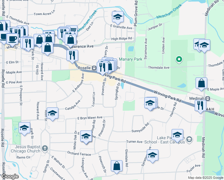 map of restaurants, bars, coffee shops, grocery stores, and more near 229 Pinecroft Drive in Roselle