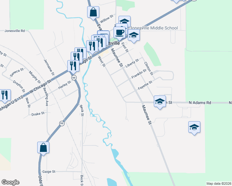map of restaurants, bars, coffee shops, grocery stores, and more near 410 West Street in Jonesville