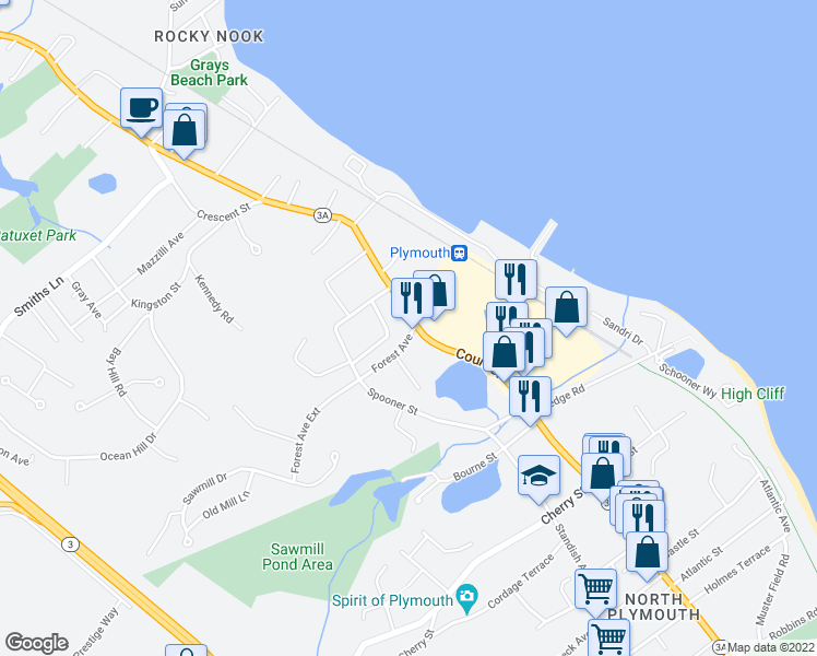 map of restaurants, bars, coffee shops, grocery stores, and more near 3 Forest Avenue in Plymouth