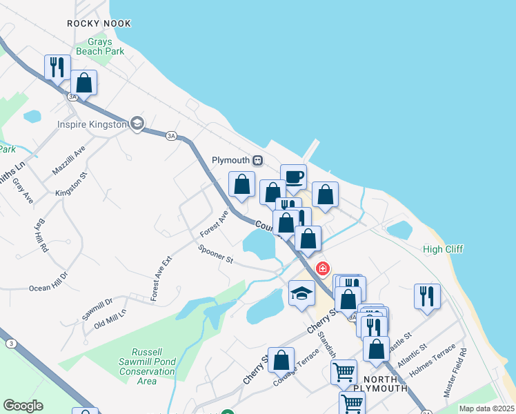 map of restaurants, bars, coffee shops, grocery stores, and more near 385 Court Street in Plymouth