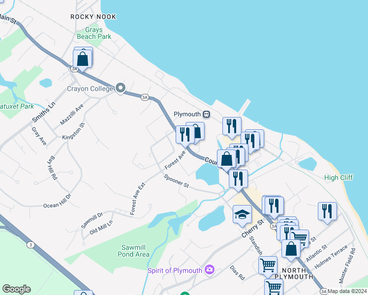 map of restaurants, bars, coffee shops, grocery stores, and more near 390 Court Street in Plymouth