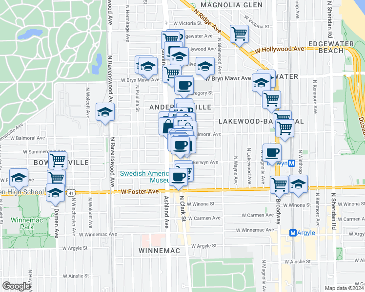 map of restaurants, bars, coffee shops, grocery stores, and more near 1512 West Summerdale Avenue in Chicago