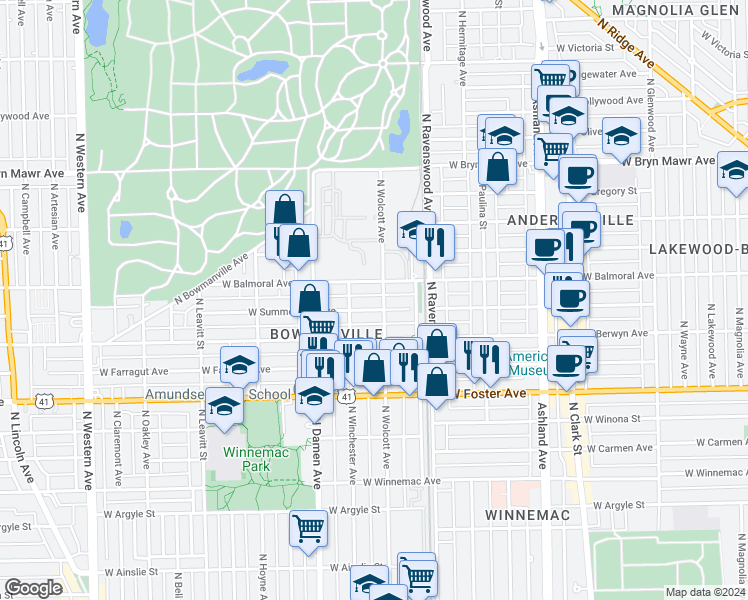 map of restaurants, bars, coffee shops, grocery stores, and more near 5334 North Wolcott Avenue in Chicago