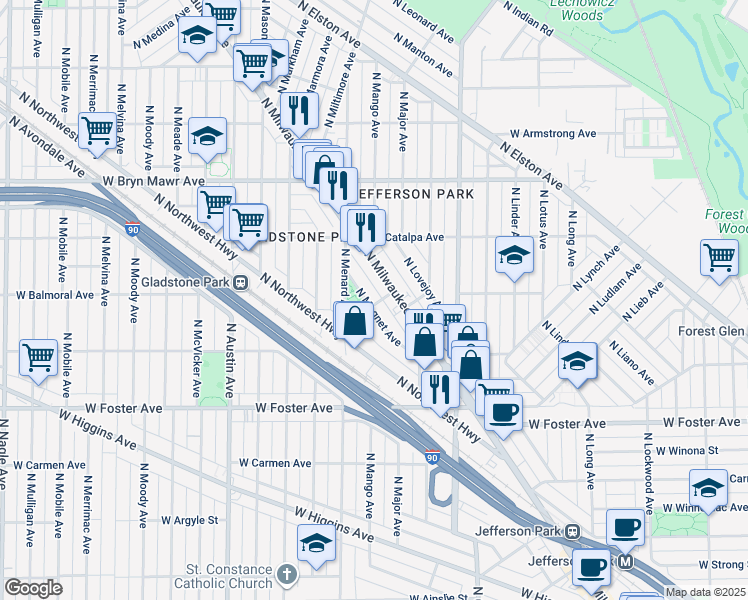 map of restaurants, bars, coffee shops, grocery stores, and more near 5421 North Menard Avenue in Chicago
