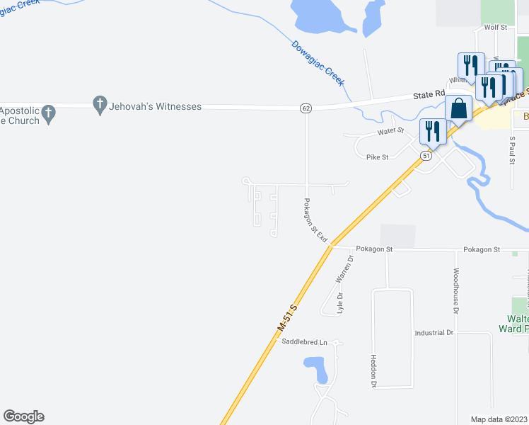 map of restaurants, bars, coffee shops, grocery stores, and more near 29559 Amerihost Drive in Dowagiac