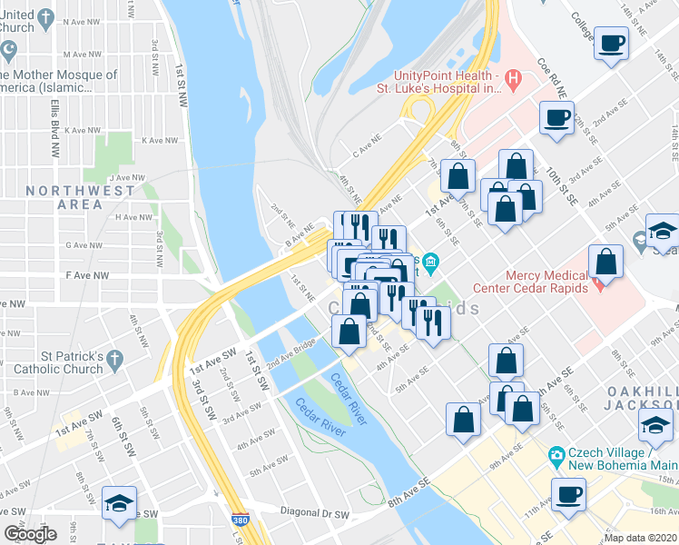 map of restaurants, bars, coffee shops, grocery stores, and more near 200 1st Avenue Southeast in Cedar Rapids