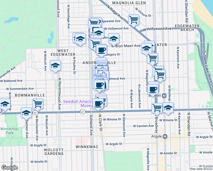 map of restaurants, bars, coffee shops, grocery stores, and more near 1466 West Summerdale Avenue in Chicago