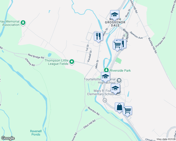 map of restaurants, bars, coffee shops, grocery stores, and more near 16 Reardon Road in Thompson