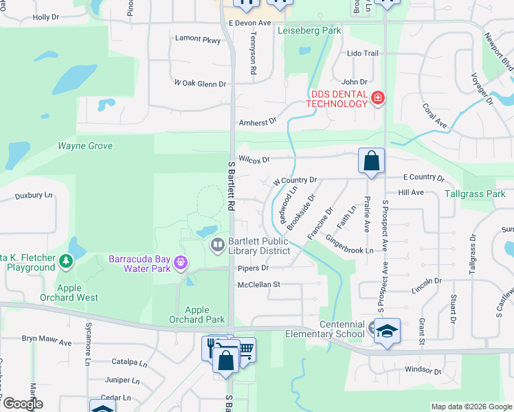 map of restaurants, bars, coffee shops, grocery stores, and more near 110 Oakwood Lane in Bartlett