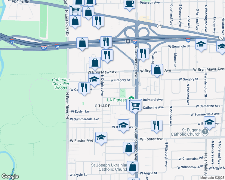 map of restaurants, bars, coffee shops, grocery stores, and more near 8525 West Catalpa Avenue in Chicago