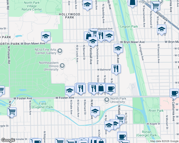 map of restaurants, bars, coffee shops, grocery stores, and more near 5354 North Kimball Avenue in Chicago