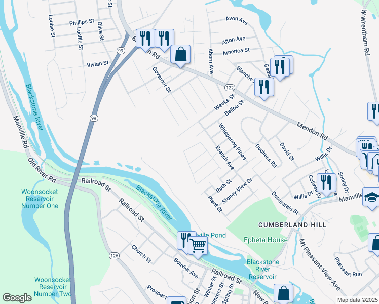 map of restaurants, bars, coffee shops, grocery stores, and more near 12 Acorn Street in Cumberland
