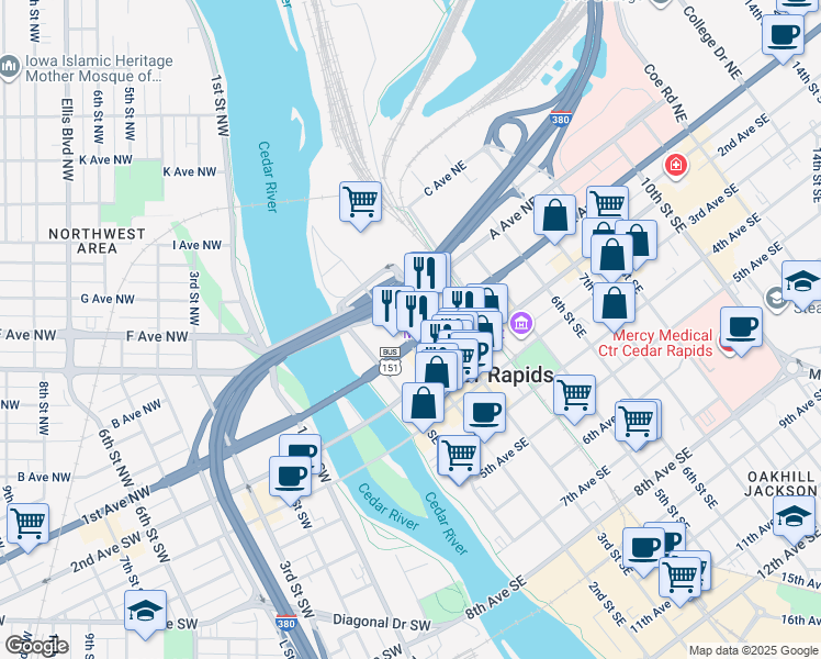 map of restaurants, bars, coffee shops, grocery stores, and more near 215 1st Avenue Southeast in Cedar Rapids