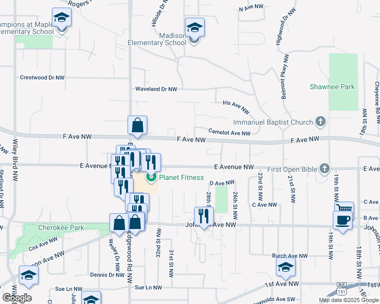 map of restaurants, bars, coffee shops, grocery stores, and more near 2903 F Avenue Northwest in Cedar Rapids