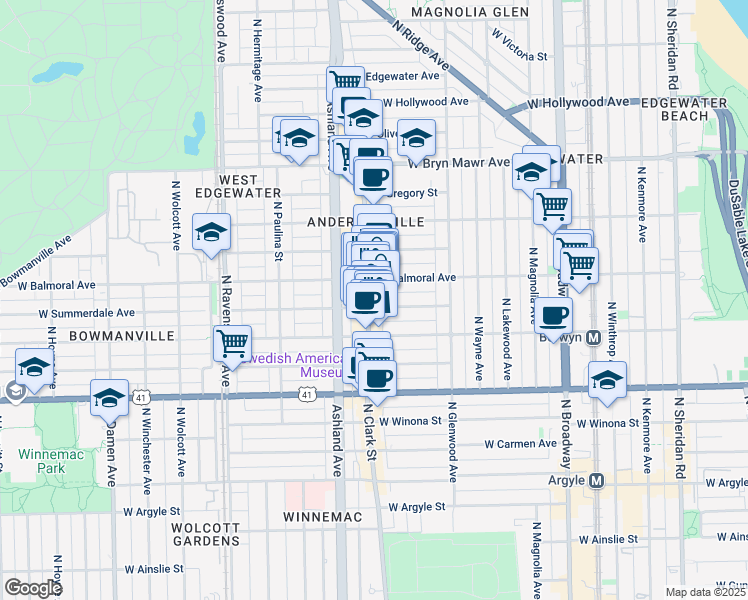map of restaurants, bars, coffee shops, grocery stores, and more near 5337 North Clark Street in Chicago