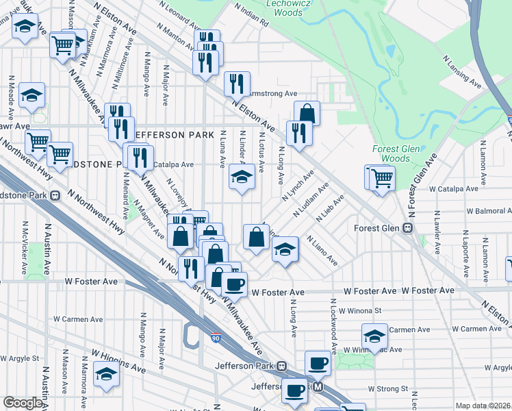 map of restaurants, bars, coffee shops, grocery stores, and more near 5356 North Lotus Avenue in Chicago