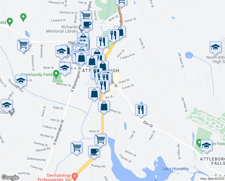 map of restaurants, bars, coffee shops, grocery stores, and more near 19 Jay Street in North Attleborough