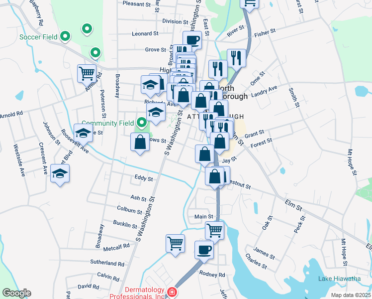 map of restaurants, bars, coffee shops, grocery stores, and more near 5 East Street in North Attleborough