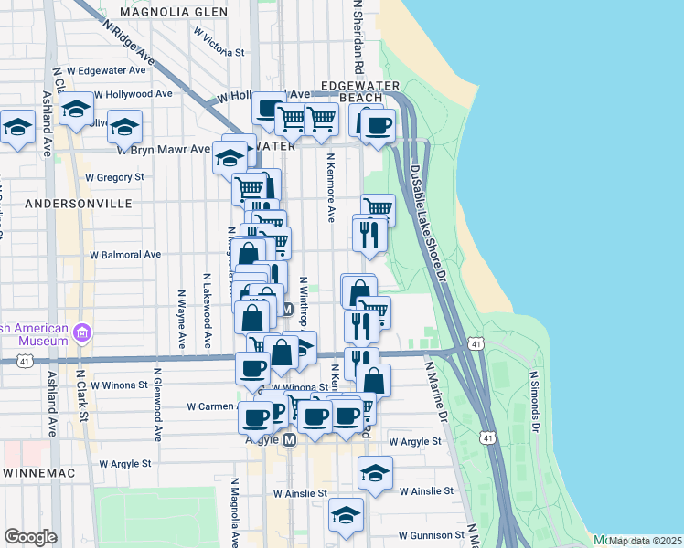 map of restaurants, bars, coffee shops, grocery stores, and more near 5320 North Sheridan Road in Chicago