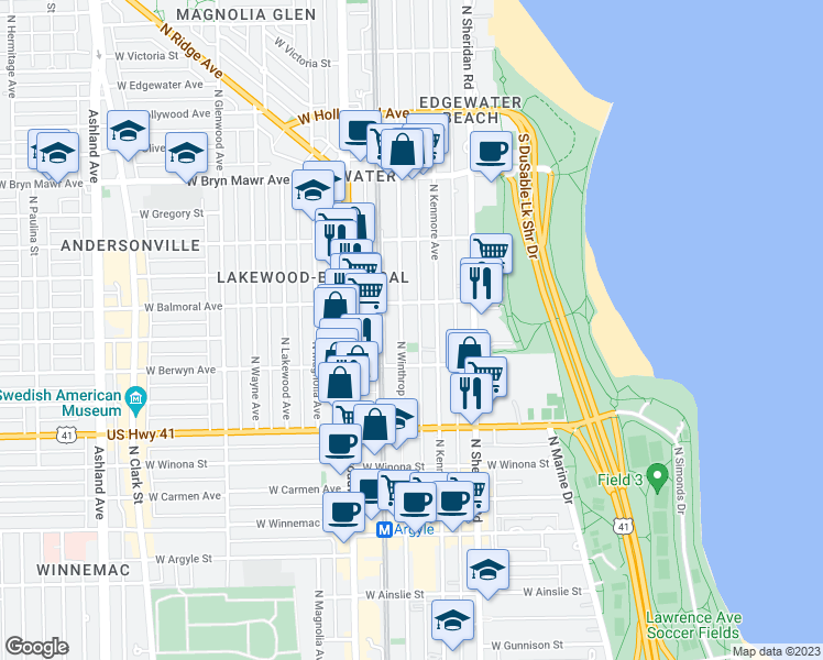 map of restaurants, bars, coffee shops, grocery stores, and more near 5320 North Kenmore Avenue in Chicago