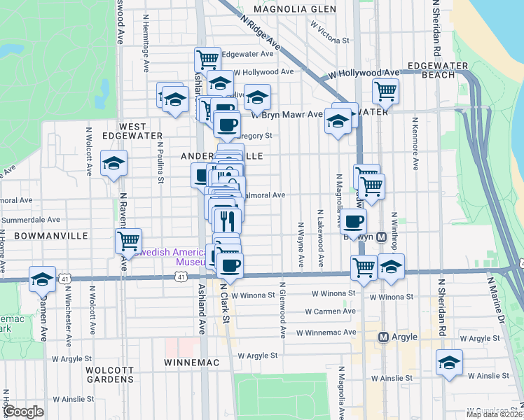 map of restaurants, bars, coffee shops, grocery stores, and more near 1426 West Berwyn Avenue in Chicago