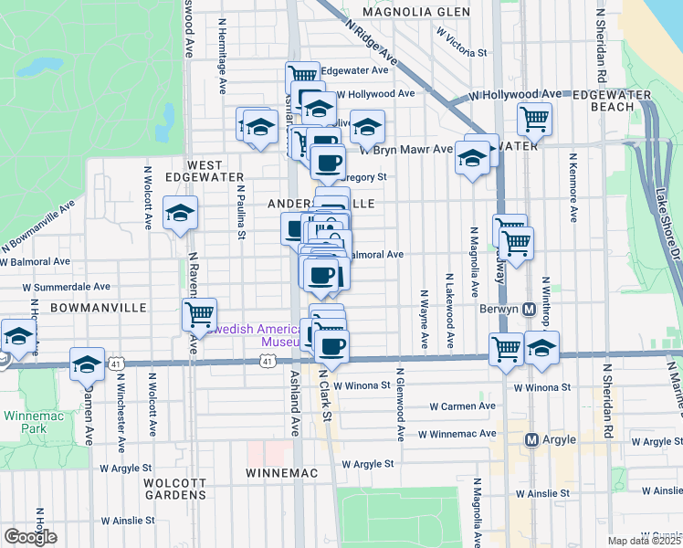 map of restaurants, bars, coffee shops, grocery stores, and more near 1466 West Summerdale Avenue in Chicago