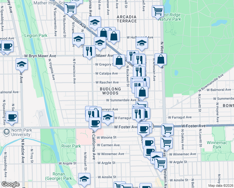 map of restaurants, bars, coffee shops, grocery stores, and more near in Chicago