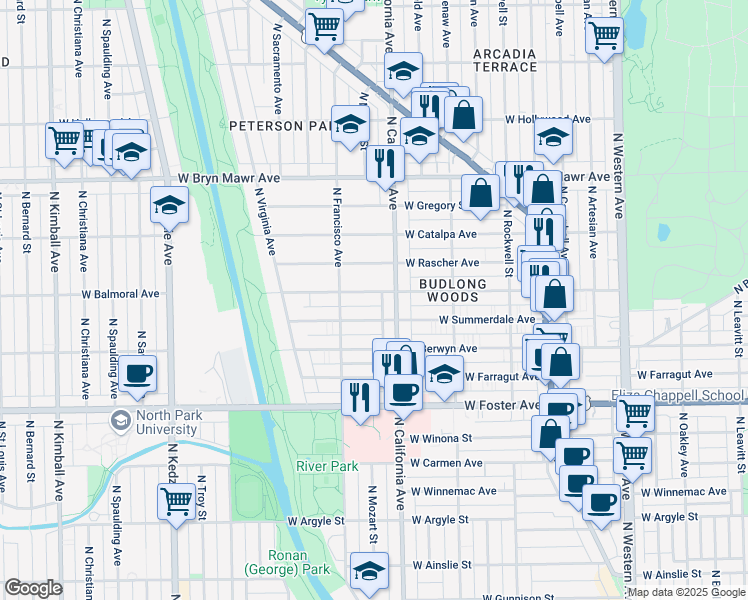 map of restaurants, bars, coffee shops, grocery stores, and more near 2836 West Summerdale Avenue in Chicago