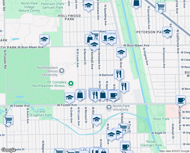 map of restaurants, bars, coffee shops, grocery stores, and more near 5348 North Christiana Avenue in Chicago