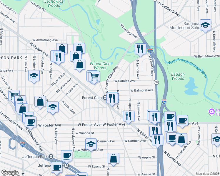map of restaurants, bars, coffee shops, grocery stores, and more near 5064 West Balmoral Avenue in Chicago