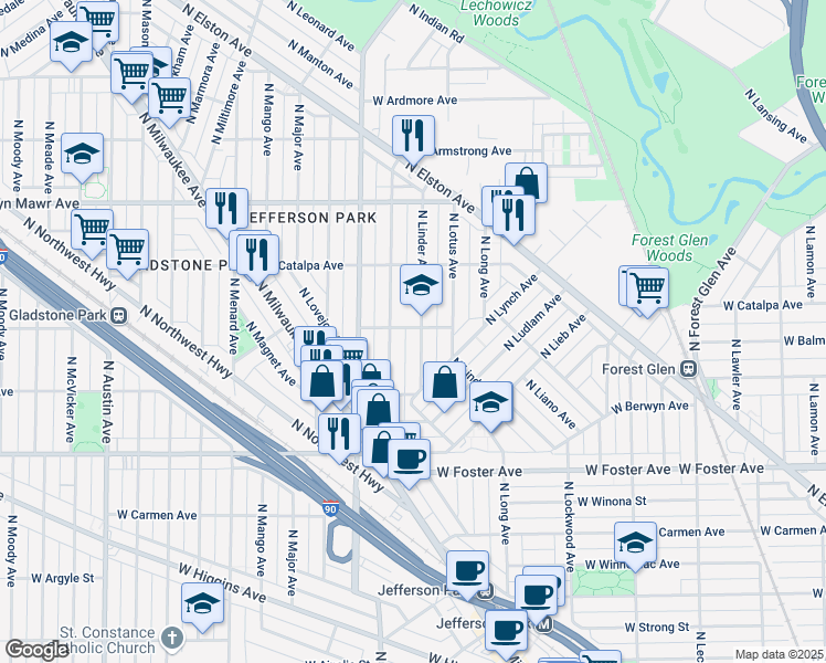 map of restaurants, bars, coffee shops, grocery stores, and more near 5354 North Linder Avenue in Chicago
