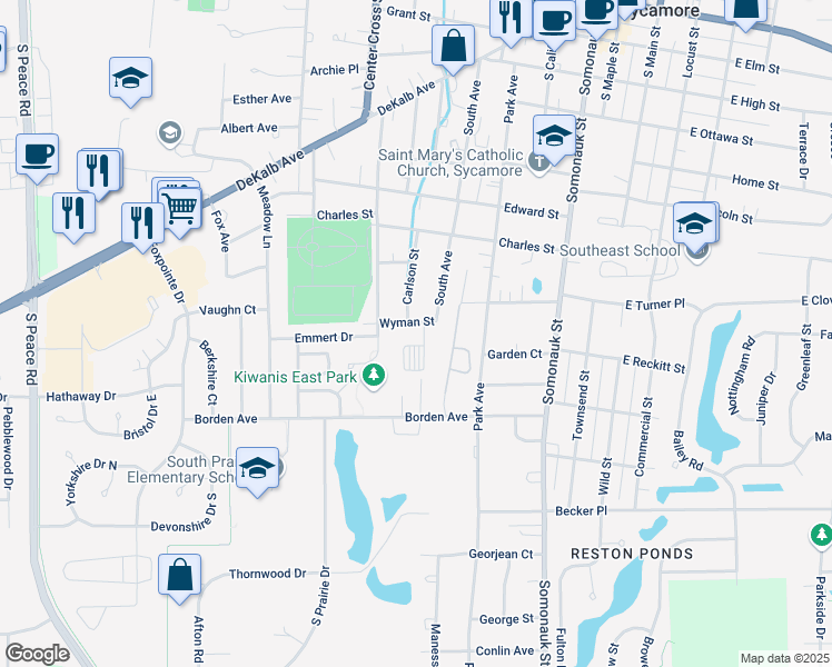 map of restaurants, bars, coffee shops, grocery stores, and more near 424 Wyman Street in Sycamore