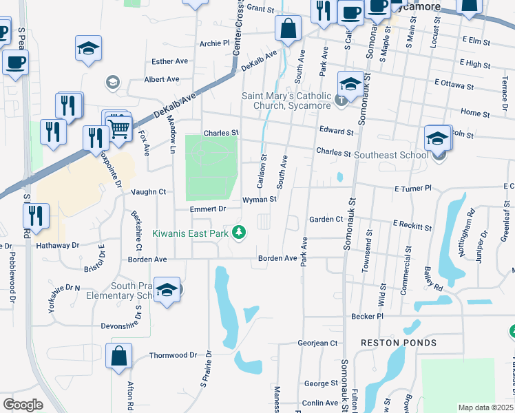 map of restaurants, bars, coffee shops, grocery stores, and more near 1104 South Cross Street in Sycamore