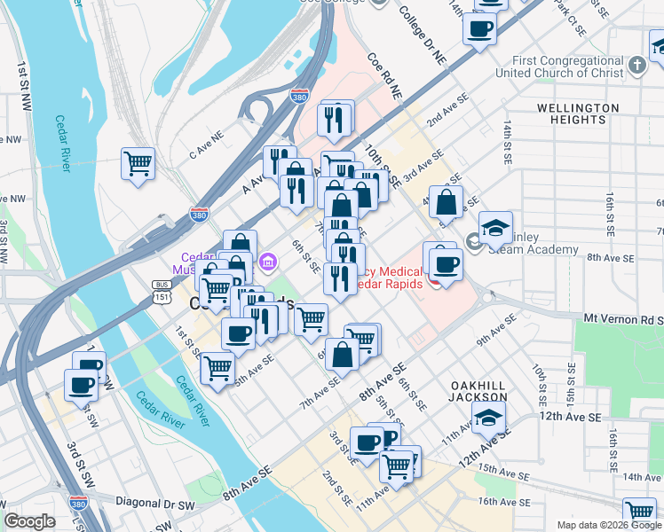 map of restaurants, bars, coffee shops, grocery stores, and more near 401-499 7th St SE in Cedar Rapids