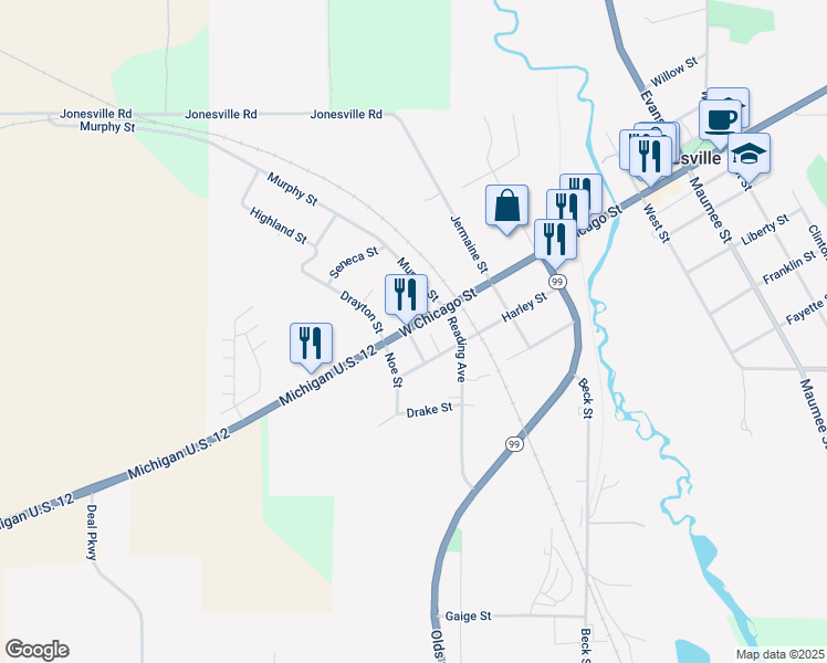 map of restaurants, bars, coffee shops, grocery stores, and more near 409 West Chicago Street in Jonesville