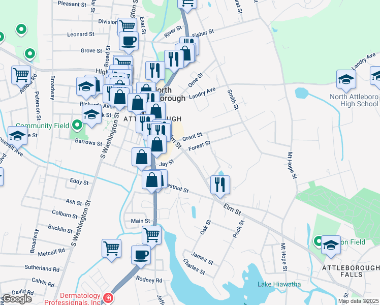 map of restaurants, bars, coffee shops, grocery stores, and more near 174 Elm Street in North Attleborough