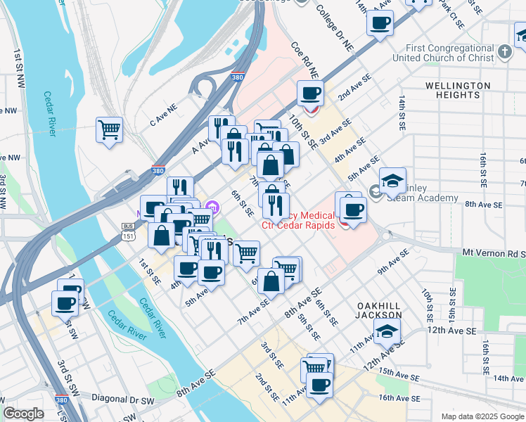 map of restaurants, bars, coffee shops, grocery stores, and more near 301 6th Street Southeast in Cedar Rapids
