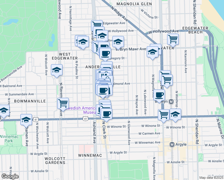 map of restaurants, bars, coffee shops, grocery stores, and more near 1466 West Summerdale Avenue in Chicago